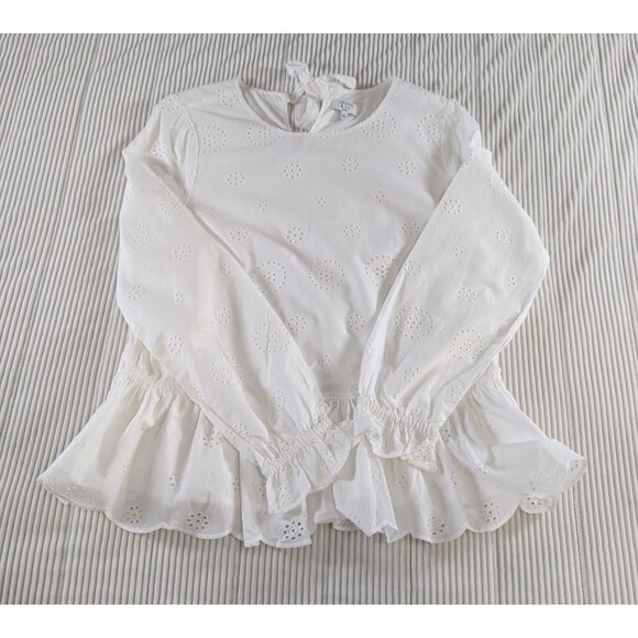Crown & Ivy Blouse Women's PL White Eyelet Ruffle Long Sleeve Pull On Top - Picture 4 of 9